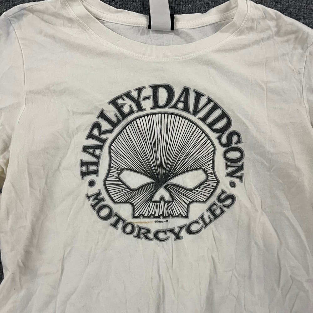 Harley-Davidson T-Shirt Womens Large White Skull Graphic Biker Made in USA Stain